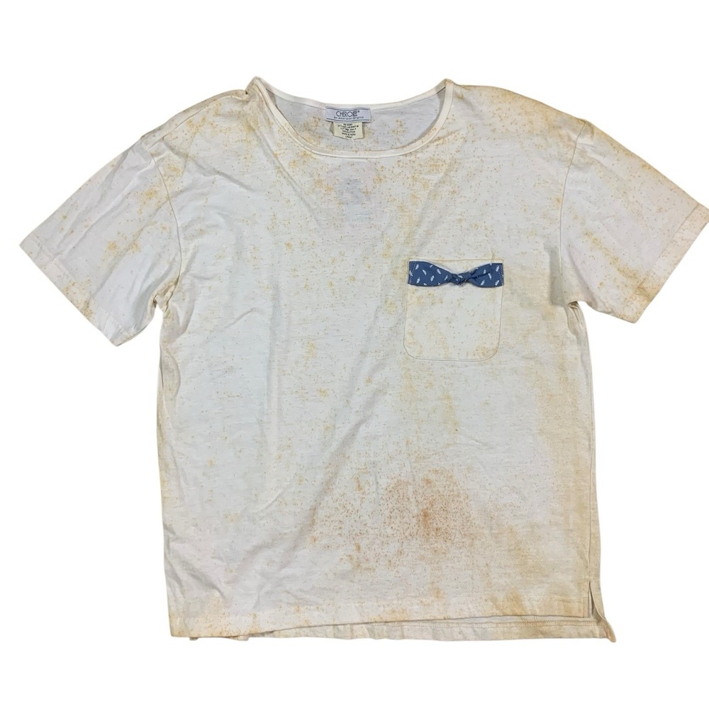 Vintage Cherokee Pocket Tee Bow Accent White Blue Trim Soft Cotton Large Women's